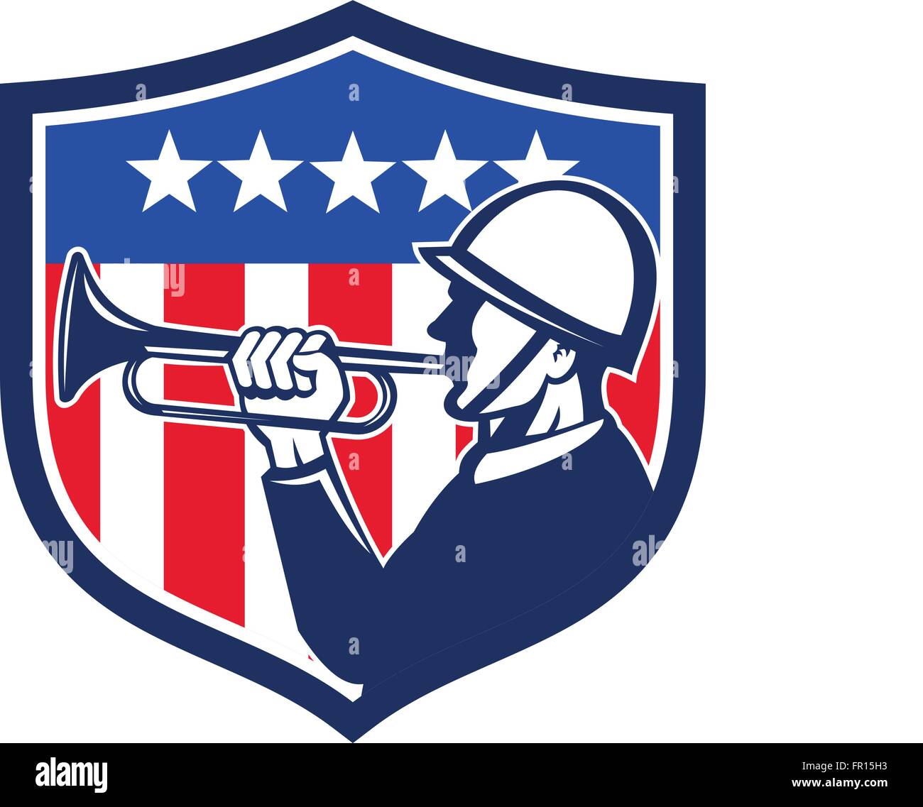 Illustration of an american soldier bugler doing a reveille viewed from the side with usa flag stars and stripes in the background set inside shield crest done in retro style. Stock Vector