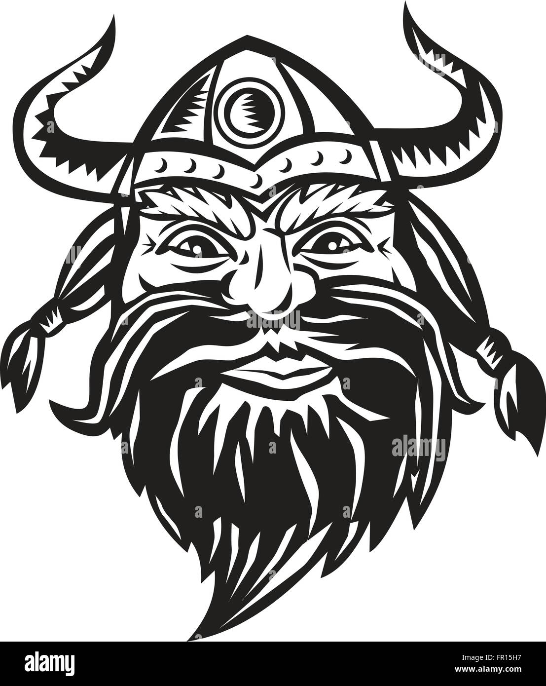 Black and white illustration of a head of a norseman viking warrior raider barbarian wearing horned helmet with beard viewed from the front set on isolated white background. Stock Vector