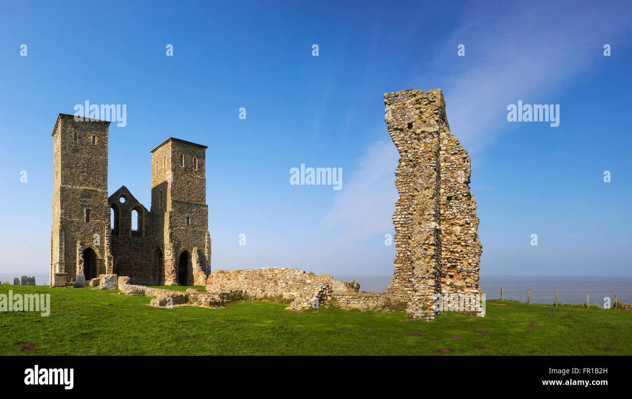 Reculver towers of St Mary's church next to the Roman fort on the North Kent Coast Stock Photo