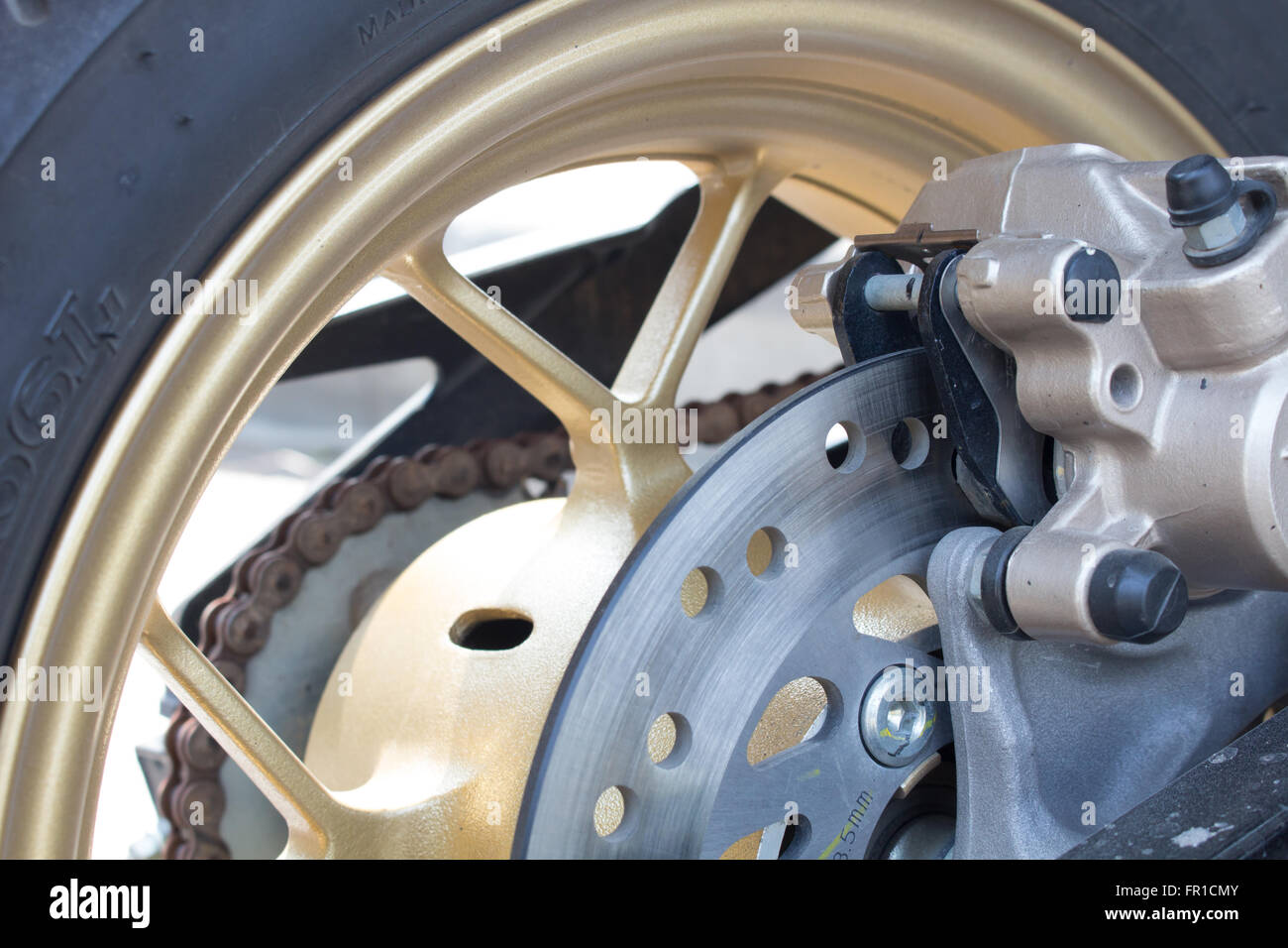 Disc brakes motorcycle's rear wheel Stock Photo Alamy