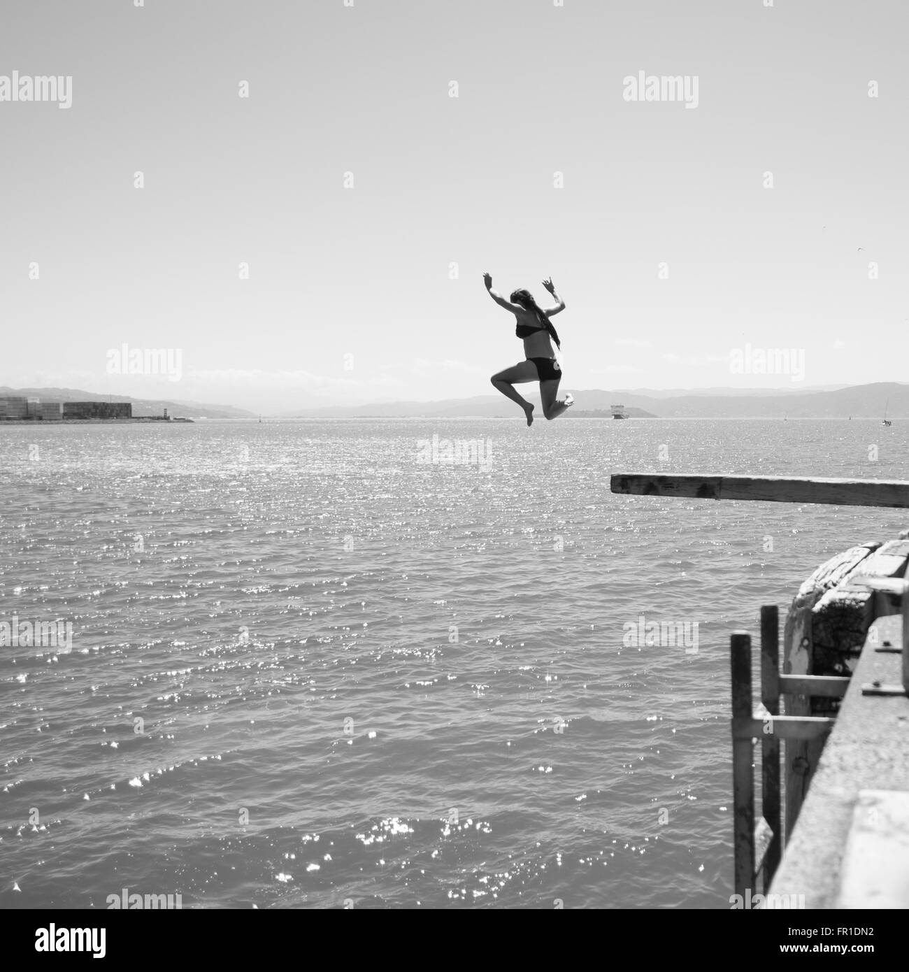 Swimmers diving off a wooden plank, Wellington Harbour Front, New Zealand Stock Photo