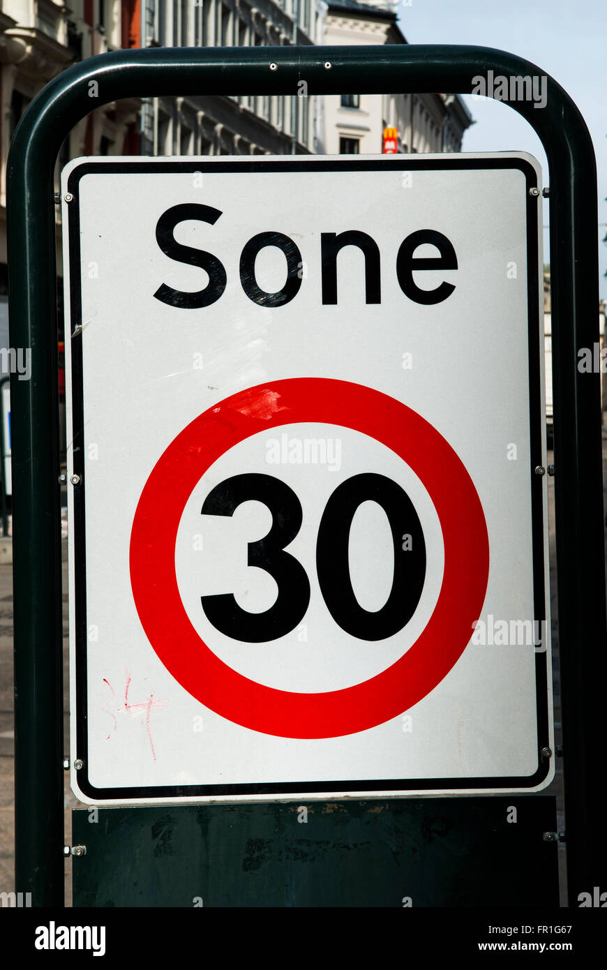 30 km speed limit sign Karl Johan street Oslo city Norway Stock Photo