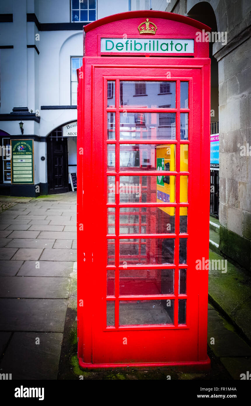 Defibrillator. Old red British phone box converted to a
