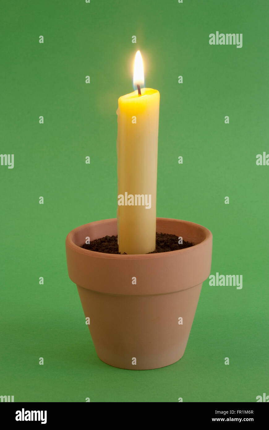 Burning candle in a flowerpot. Stock Photo