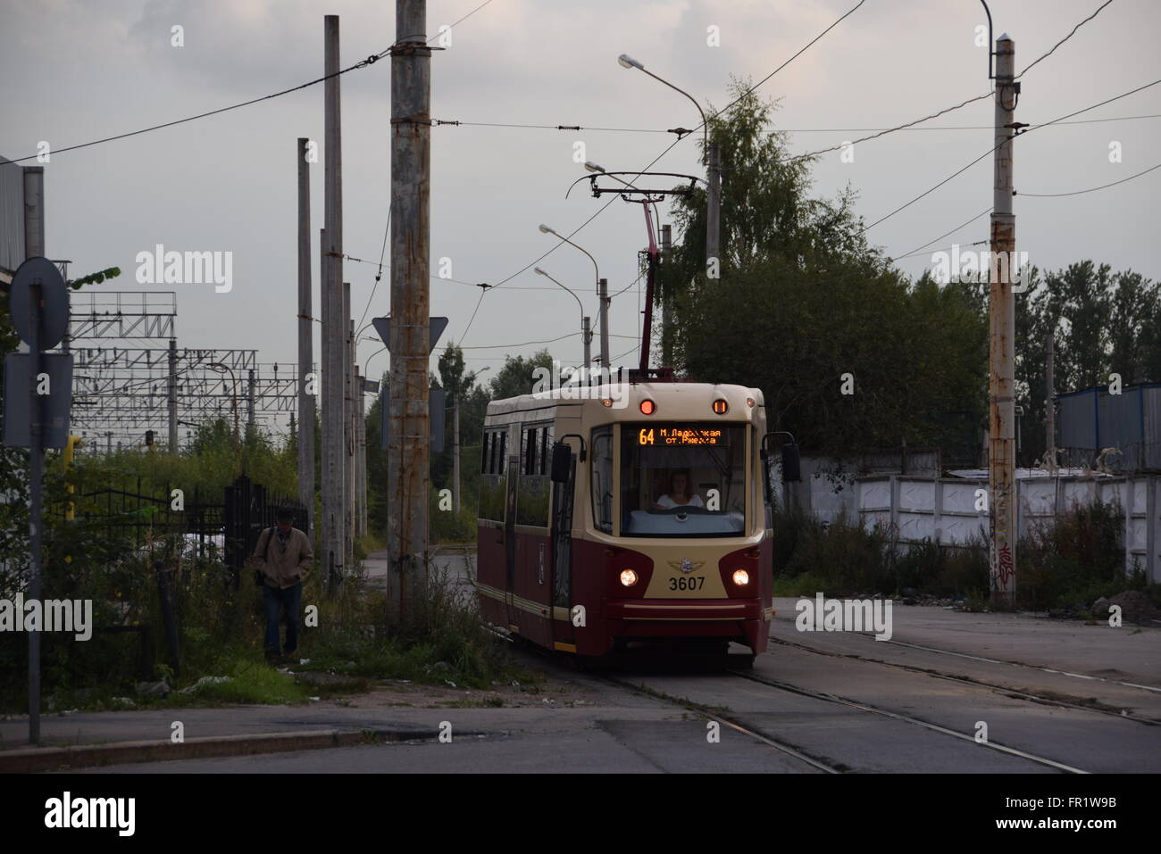 A reconstructed solo LM-68M2 tram car entering the Ladozhsky Railway Station's tram hub area Stock Photo