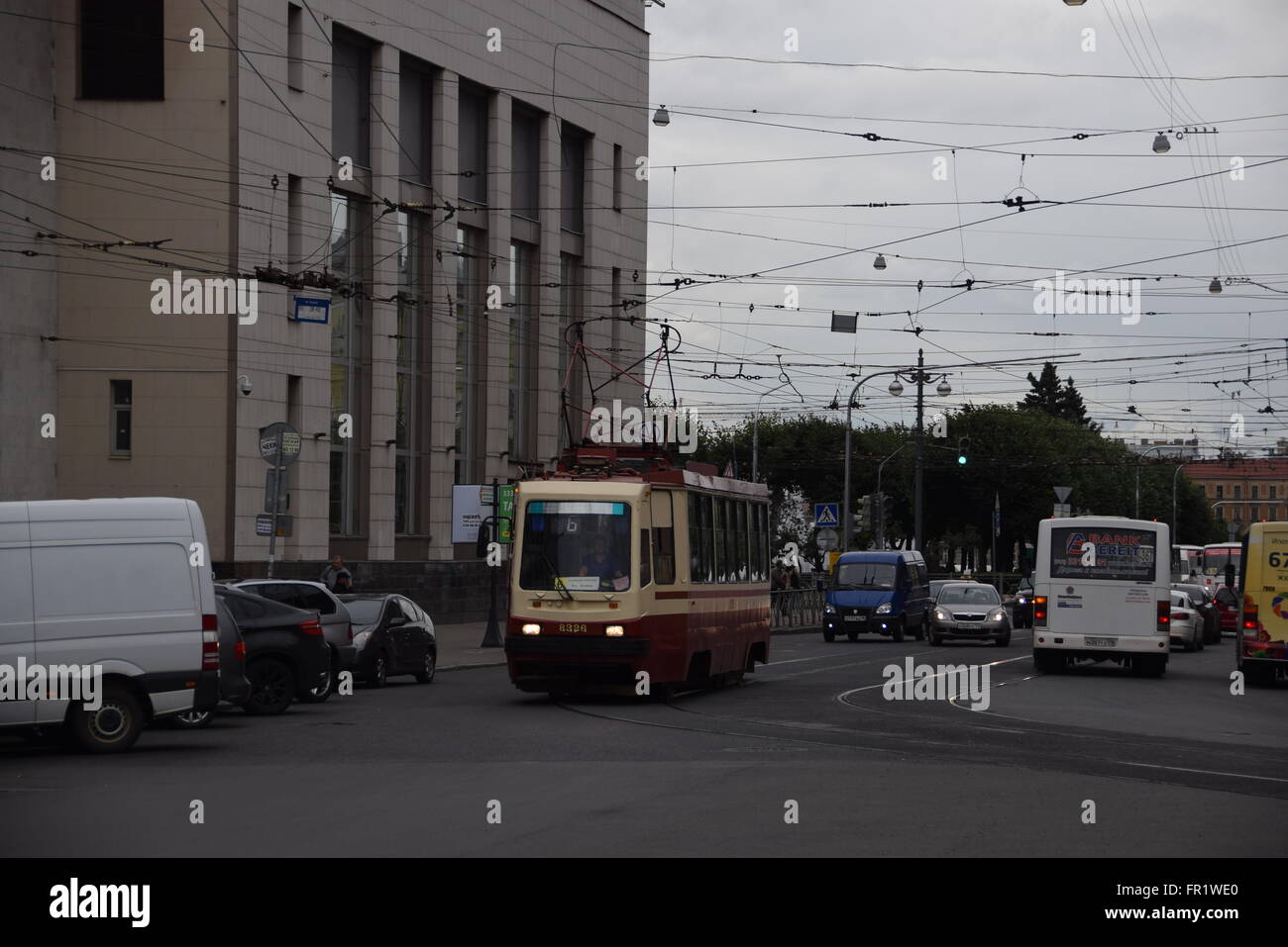 LM-99 solo tram car entering the segregated track segment at Lenina Square in Saint Petersburg Stock Photo