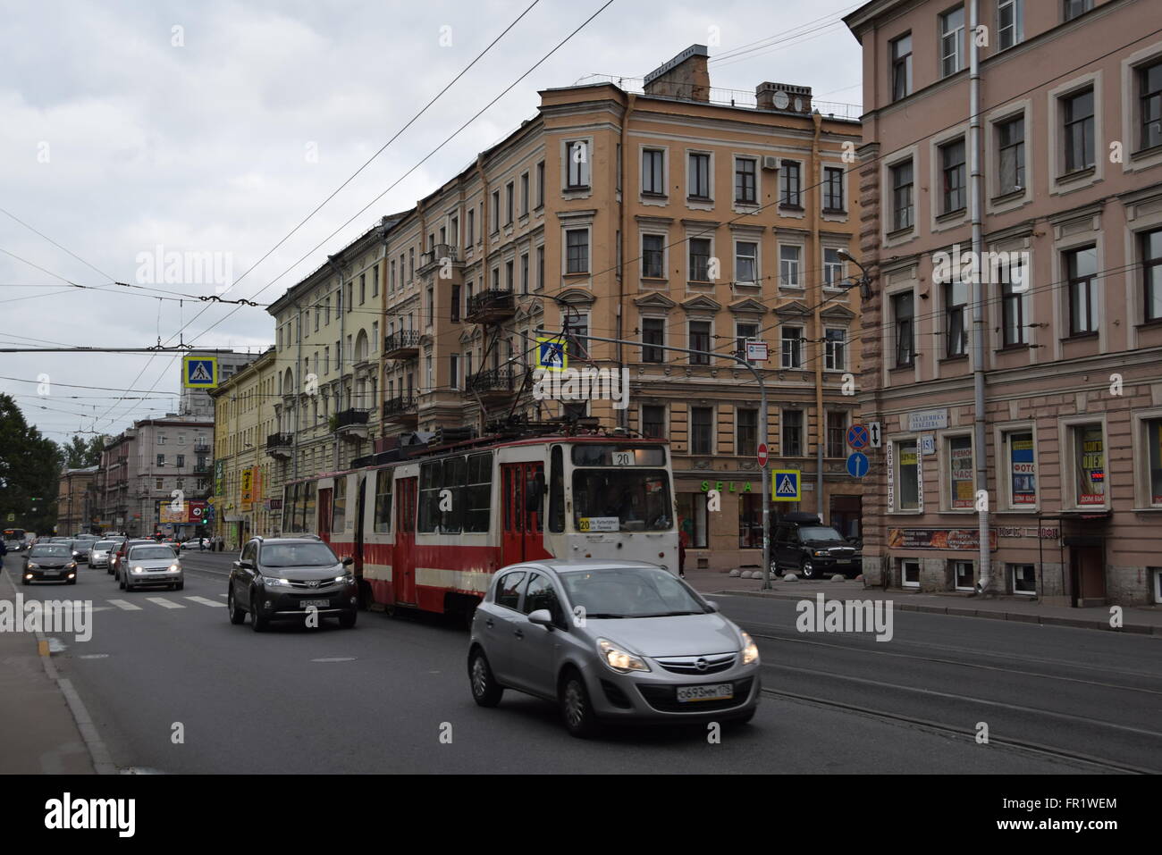 LVS-86 articulated tram car servicing route 20 at Akademika Lebedeva Street in Saint Petersburg Stock Photo