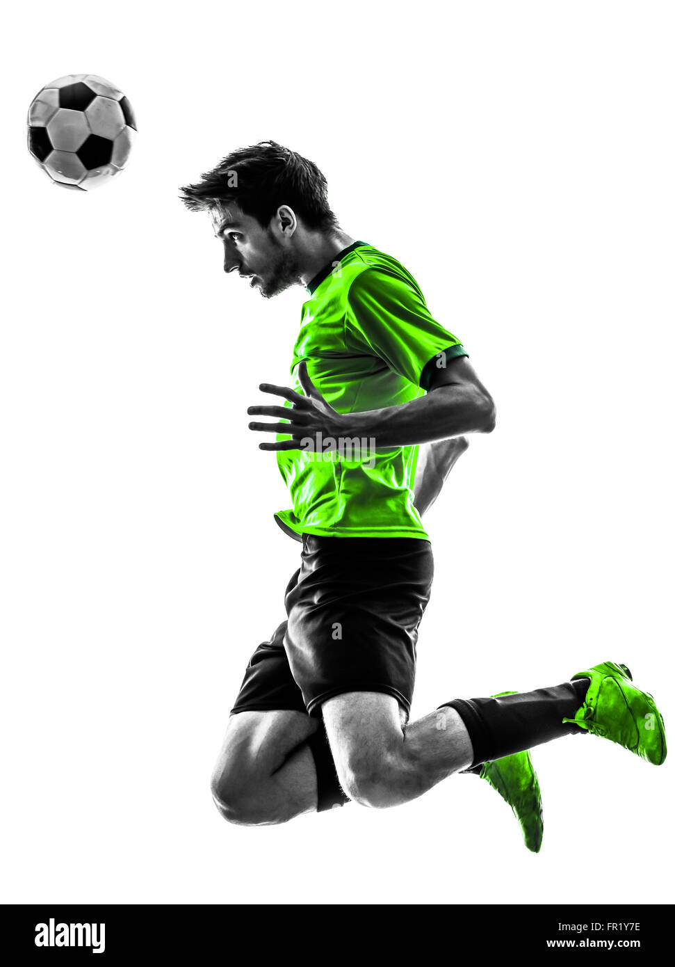 one soccer football player young man in silhouette studio on white