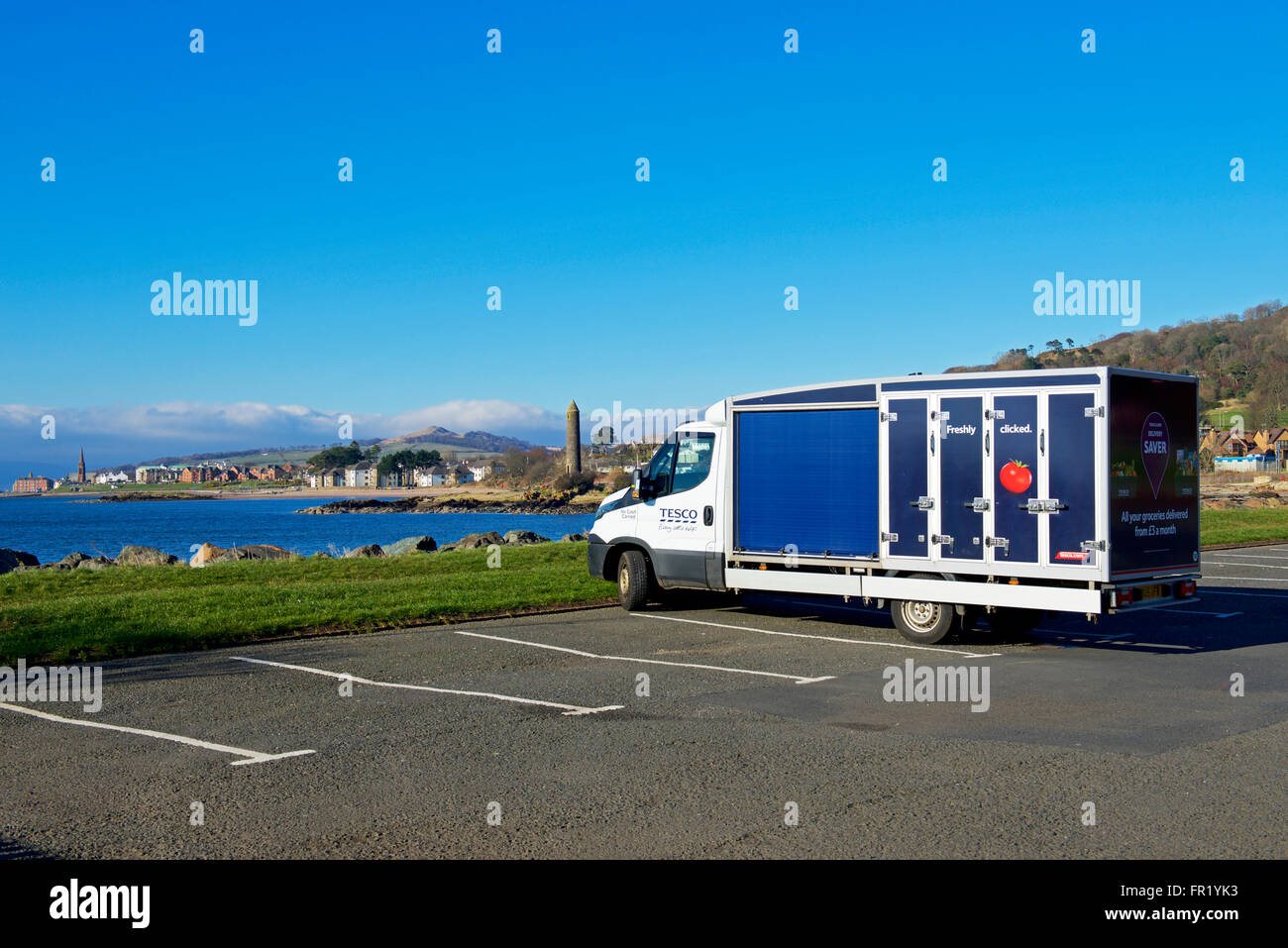 Tesco delivery van, parked overlooking the coastal town of Largs, North