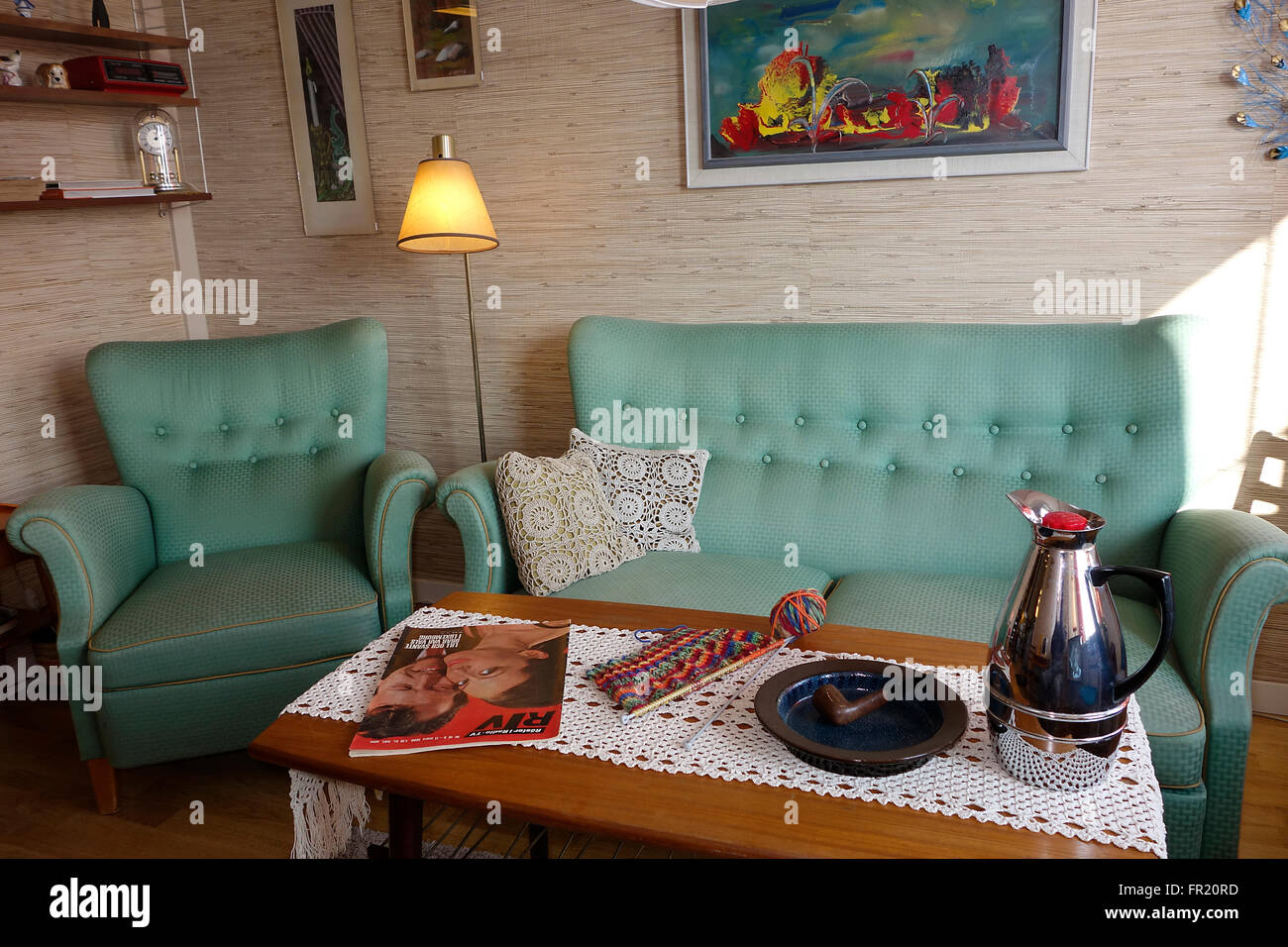 Mid 60es Swedish middle class sitting room. Interior design. Stock Photo