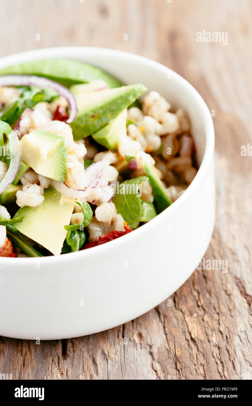 Healthy salad with barley, avocados, sun-dried tomatoes and rucola with a very tasty mustard viniagrette. Stock Photo