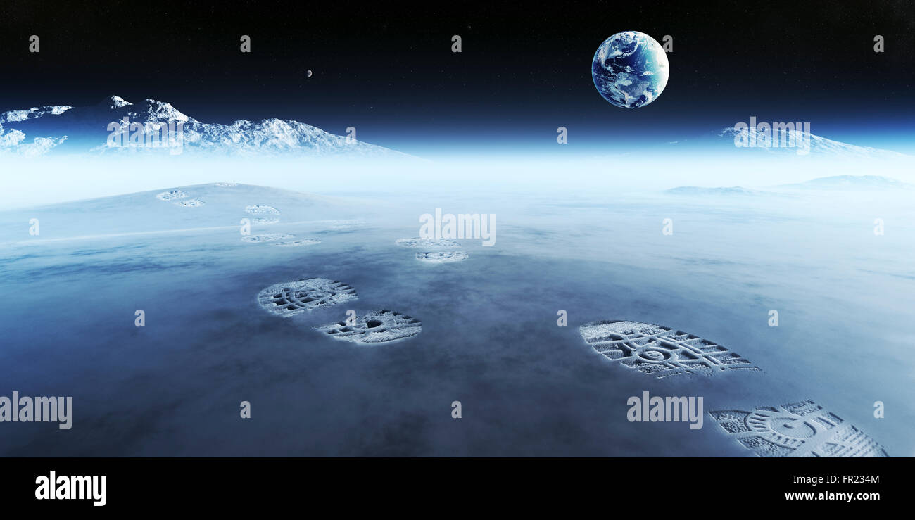 Conceptual artwork of mankind exploring space and alien planets. Footprints are the evidence left behind with the view of earth Stock Photo