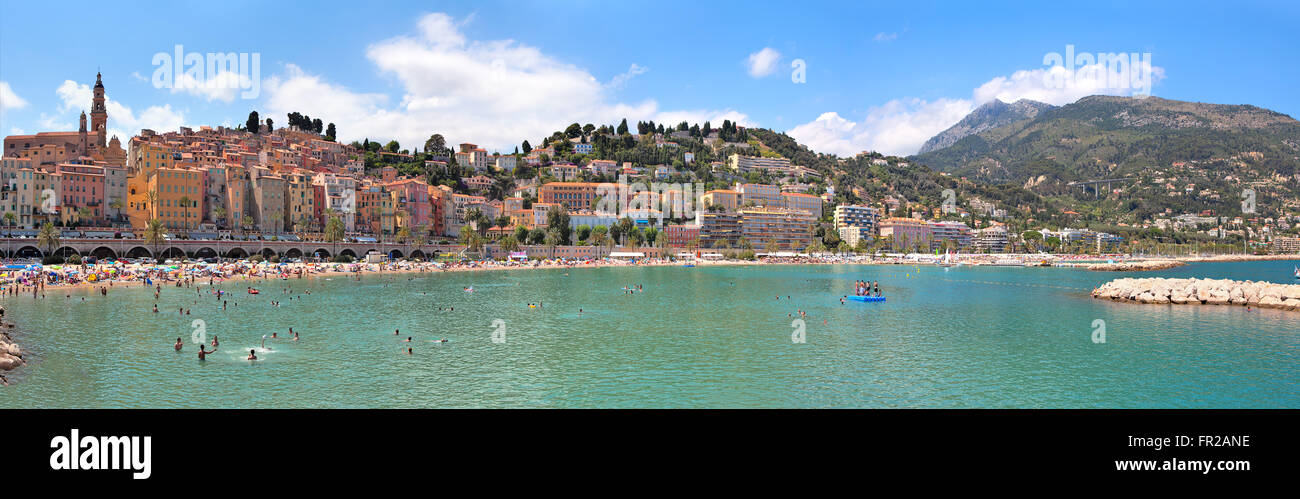Panorama of small medieval town of Menton, France. Stock Photo