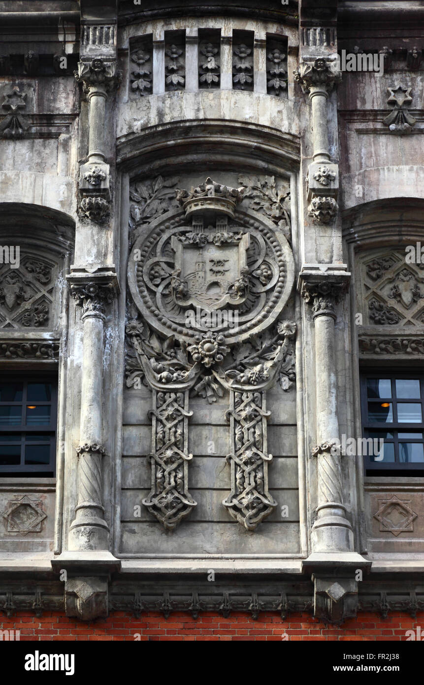 Detail of Bilbao coat of arms on the side wall of the Alhondiga building, now the Azkuna Zentroa cultural centre, Bilbao, Basque Country, Spain Stock Photo