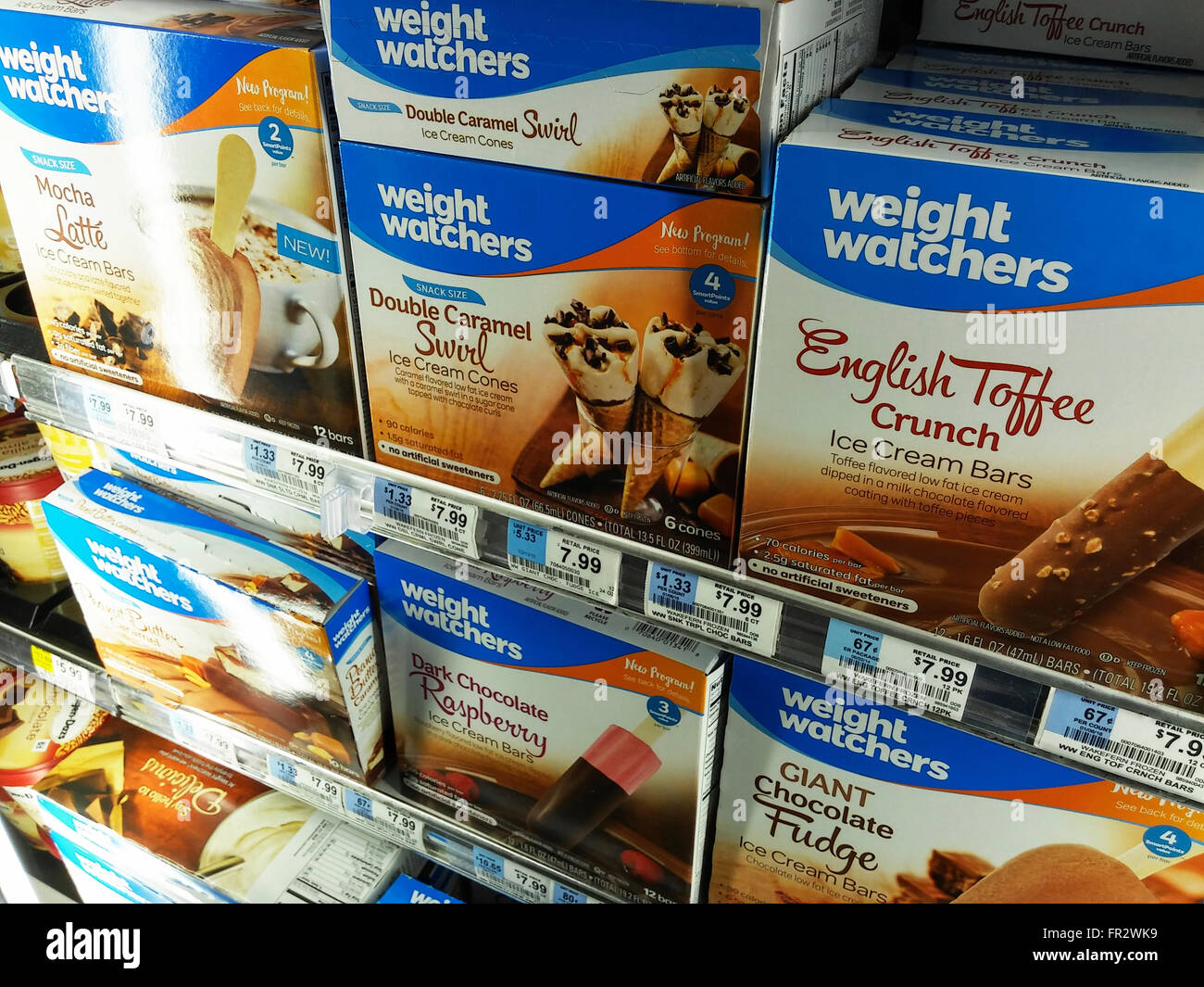 Weight Watchers brand ice cream in a supermarket freezer in New York on Thursday, March 17, 2016. Despite the affiliation with Oprah Winfrey Weight Watchers stock is down 40% this year as consumers show little interest in the brand. (© Richard B. Levine) Stock Photo
