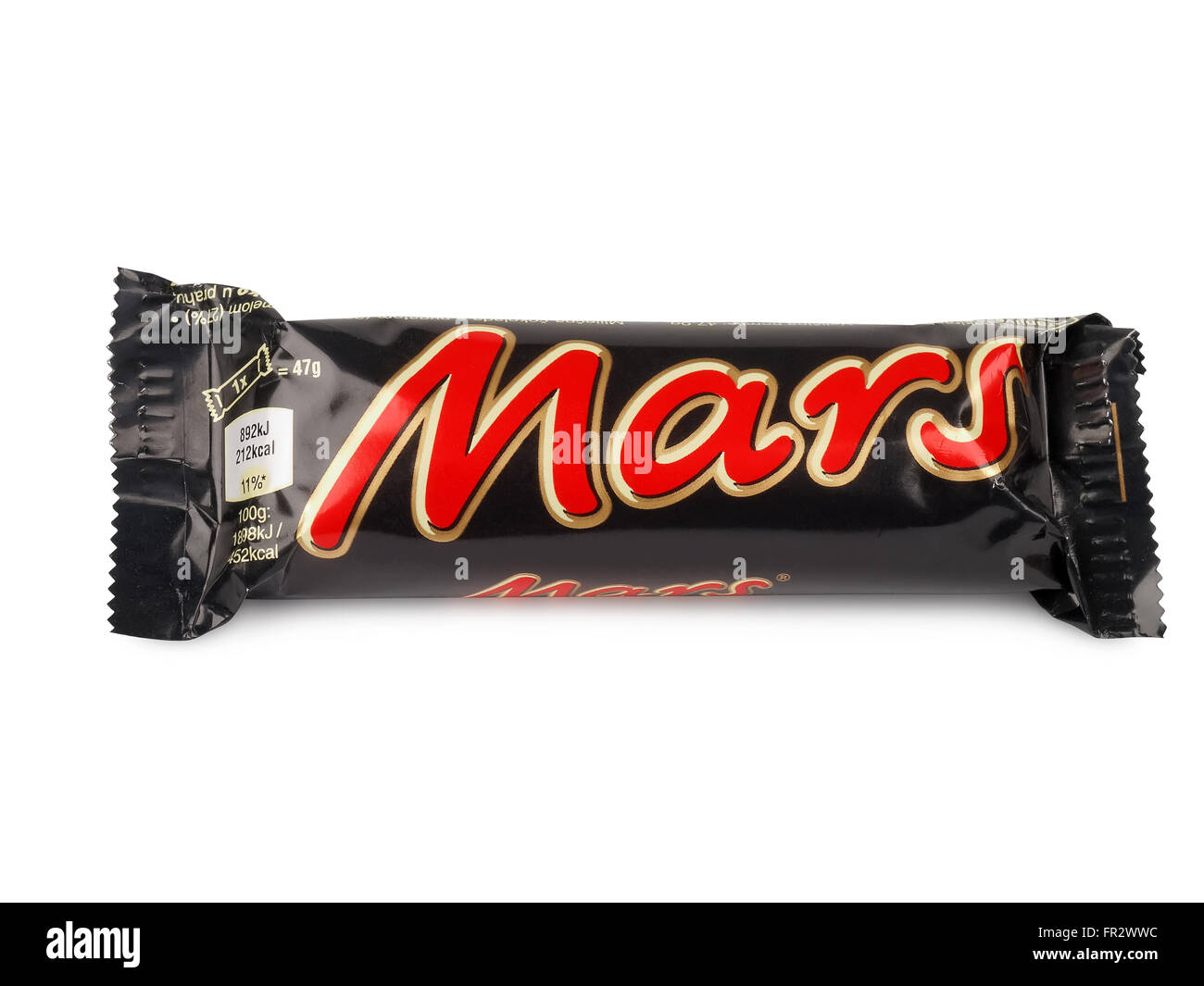 Mars chocolate bar isolated on white background. Mars bars are produced