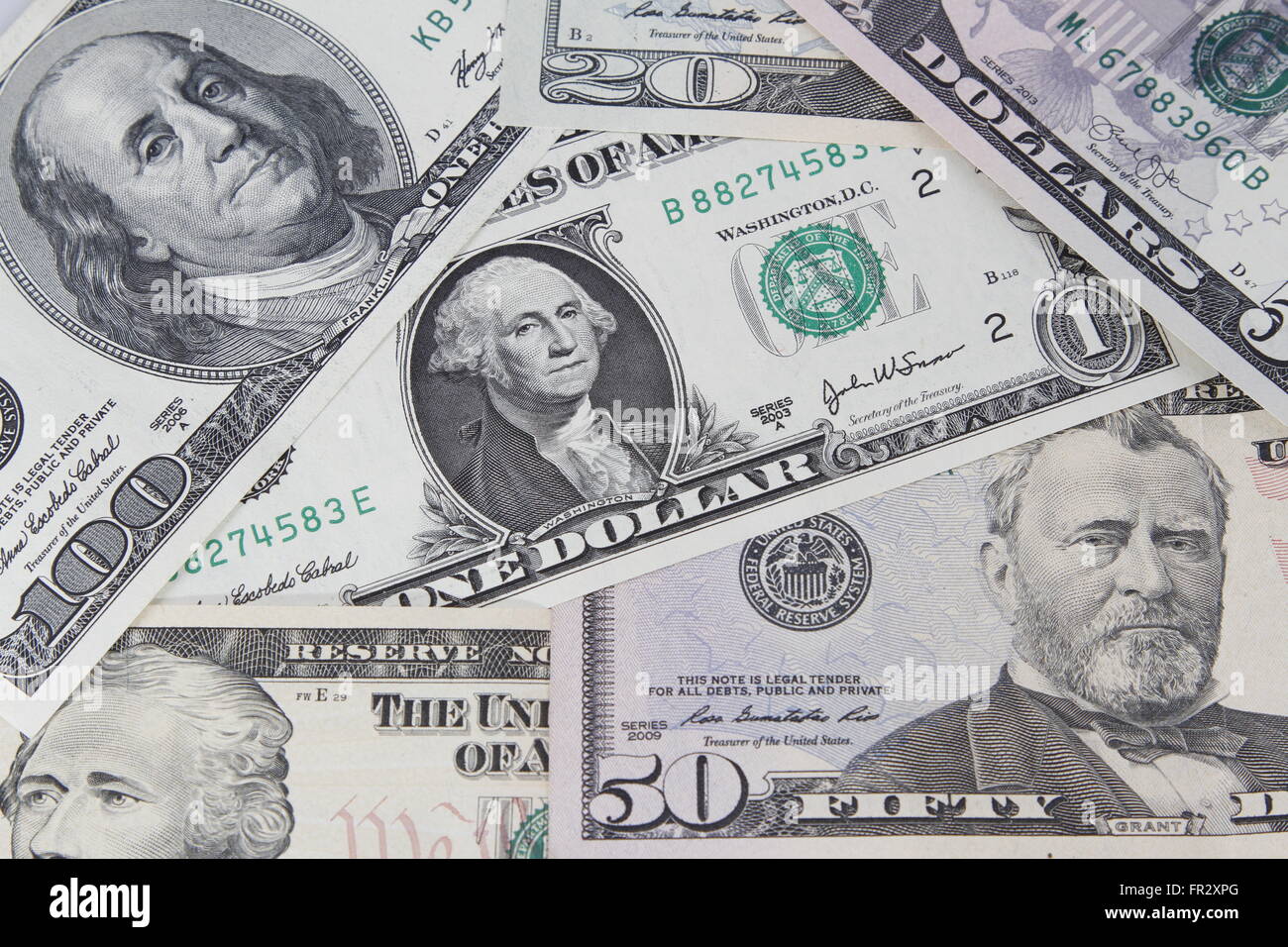 Closeup of assorted American banknotes Stock Photo