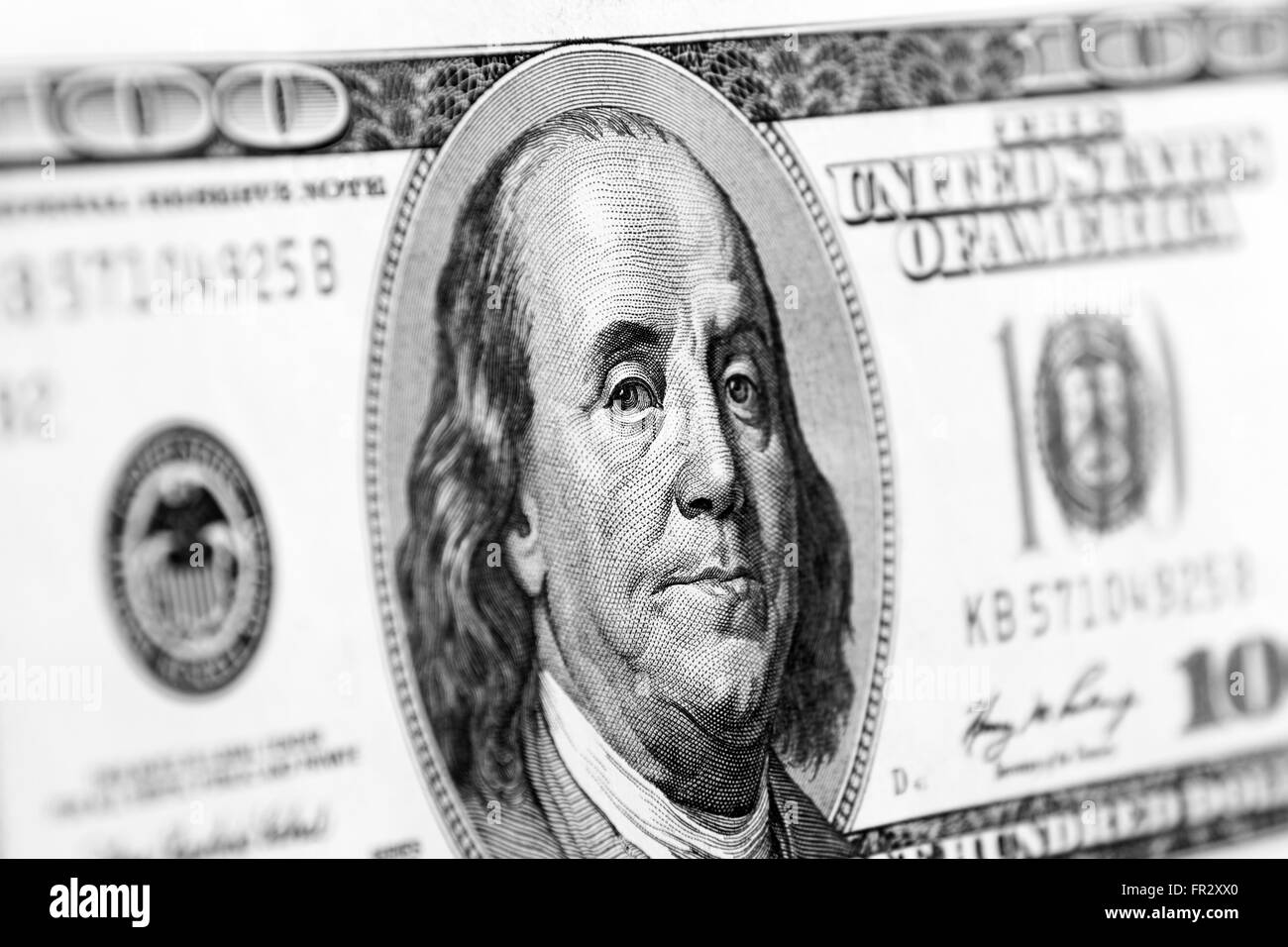 Benjamin Franklin on one hundred dollar banknote closeup Stock Photo