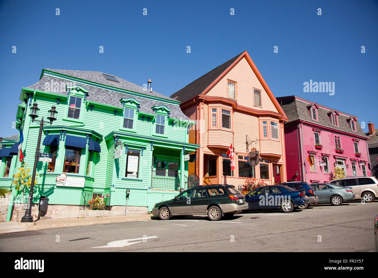Downtown Lunenburg in Nova Scotia, canada with colorful old buildings Stock Photo