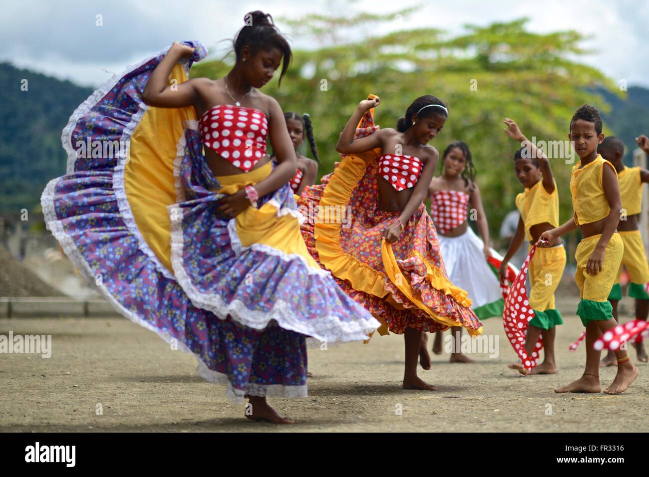 Afro-Colombian dances with colorful traditional clothing. Stock Photo