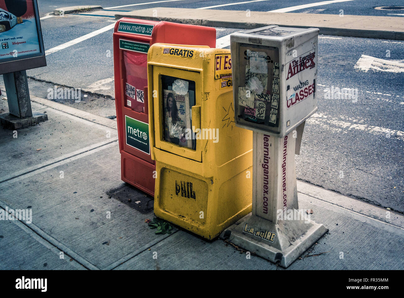 Newspaper vending boxes on street, New York City, USA Stock Photo Alamy