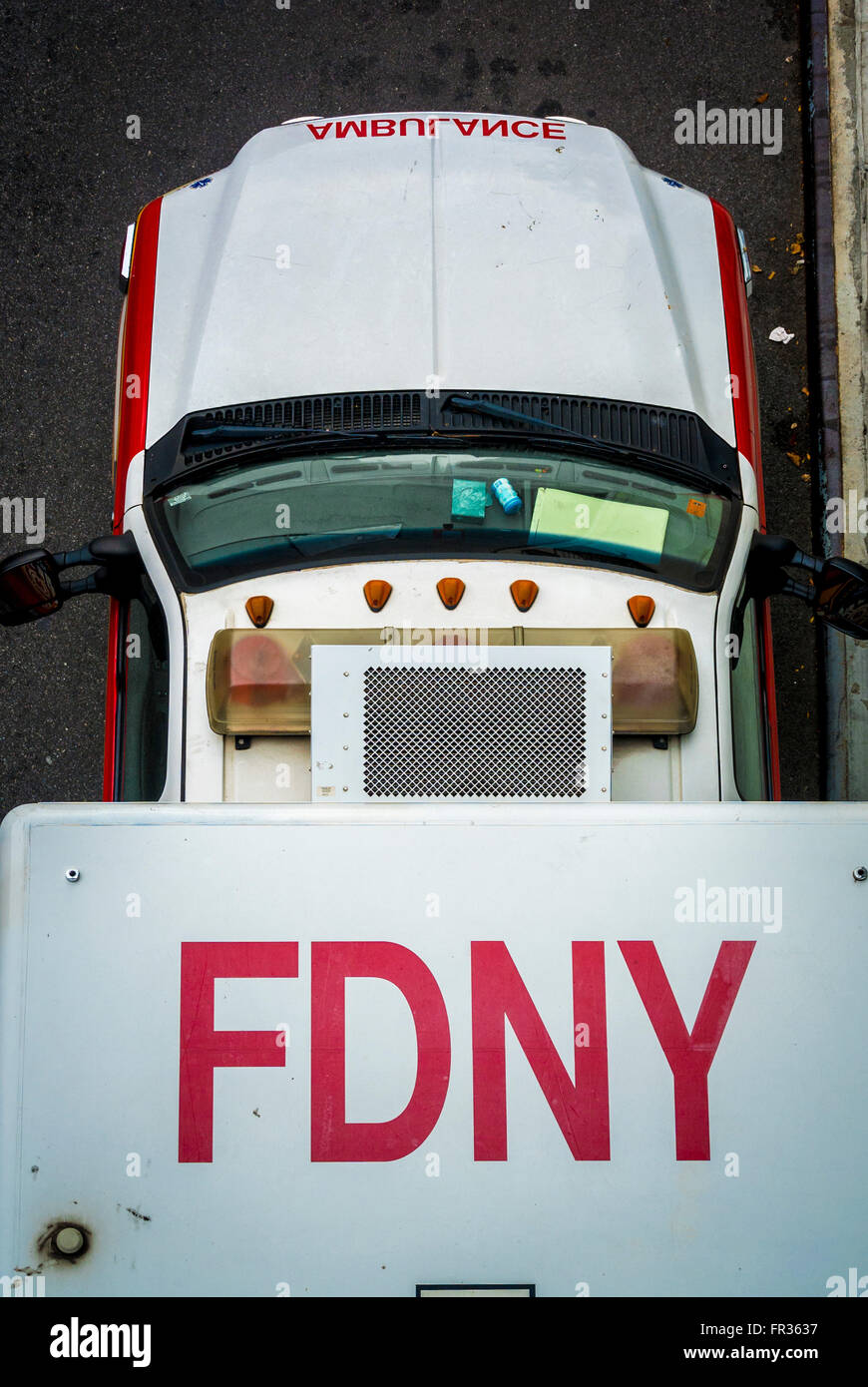FDNY Ambulance vehicle seen from above, New York City, USA. Stock Photo