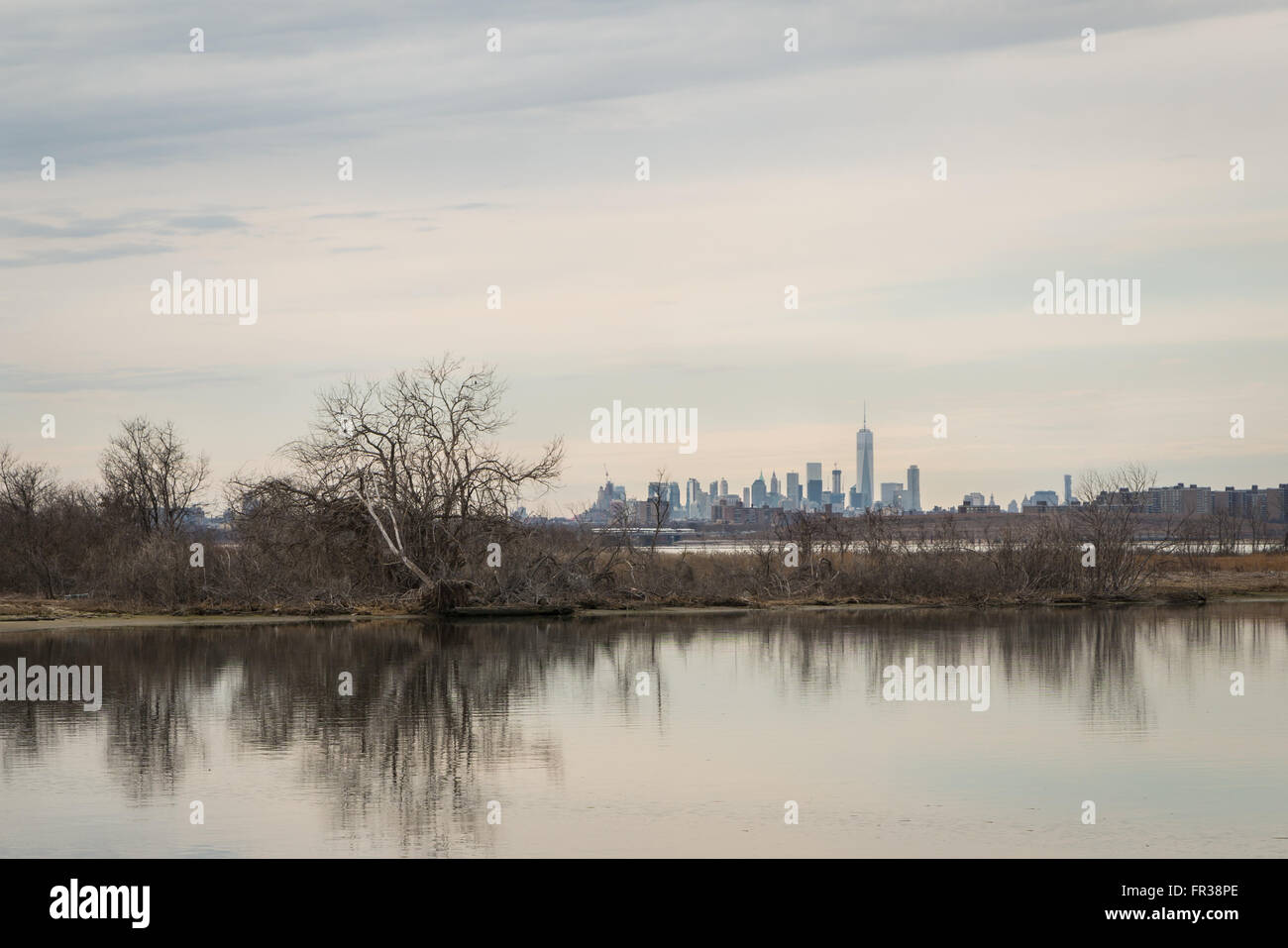 View across the West Pond at Jamaica Bay Wildlife Refuge, New York in Winter with the downtown Manhattan skyline in the distance Stock Photo