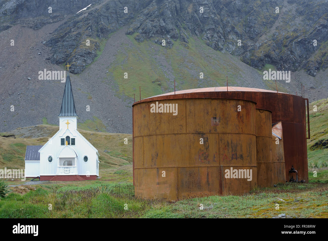 The Norwegian Lutheran Church stands among the rusting ruins of the ...