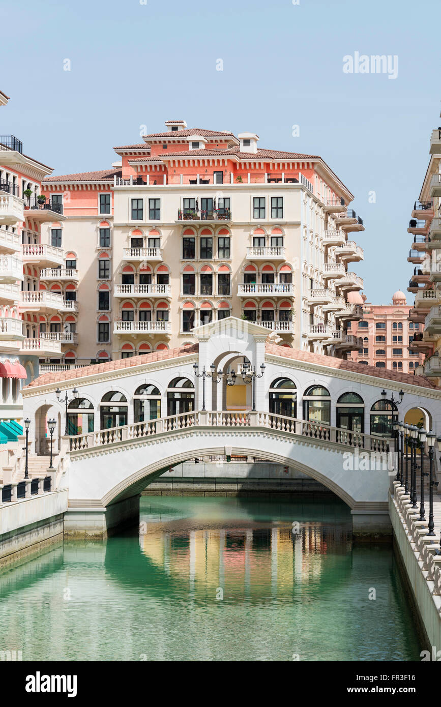 New Qanat Quartier residential property development with reproduction Italian styled architecture and canals at The Pearl Doha Stock Photo