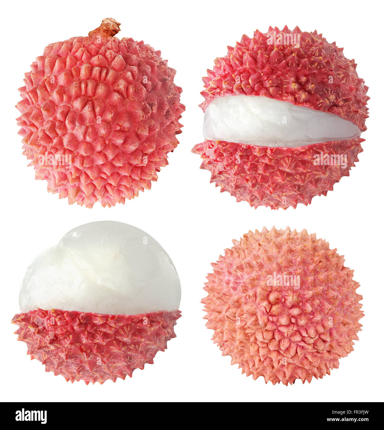 Collection of whole and cut lychee fruits isolated on white with clipping path Stock Photo