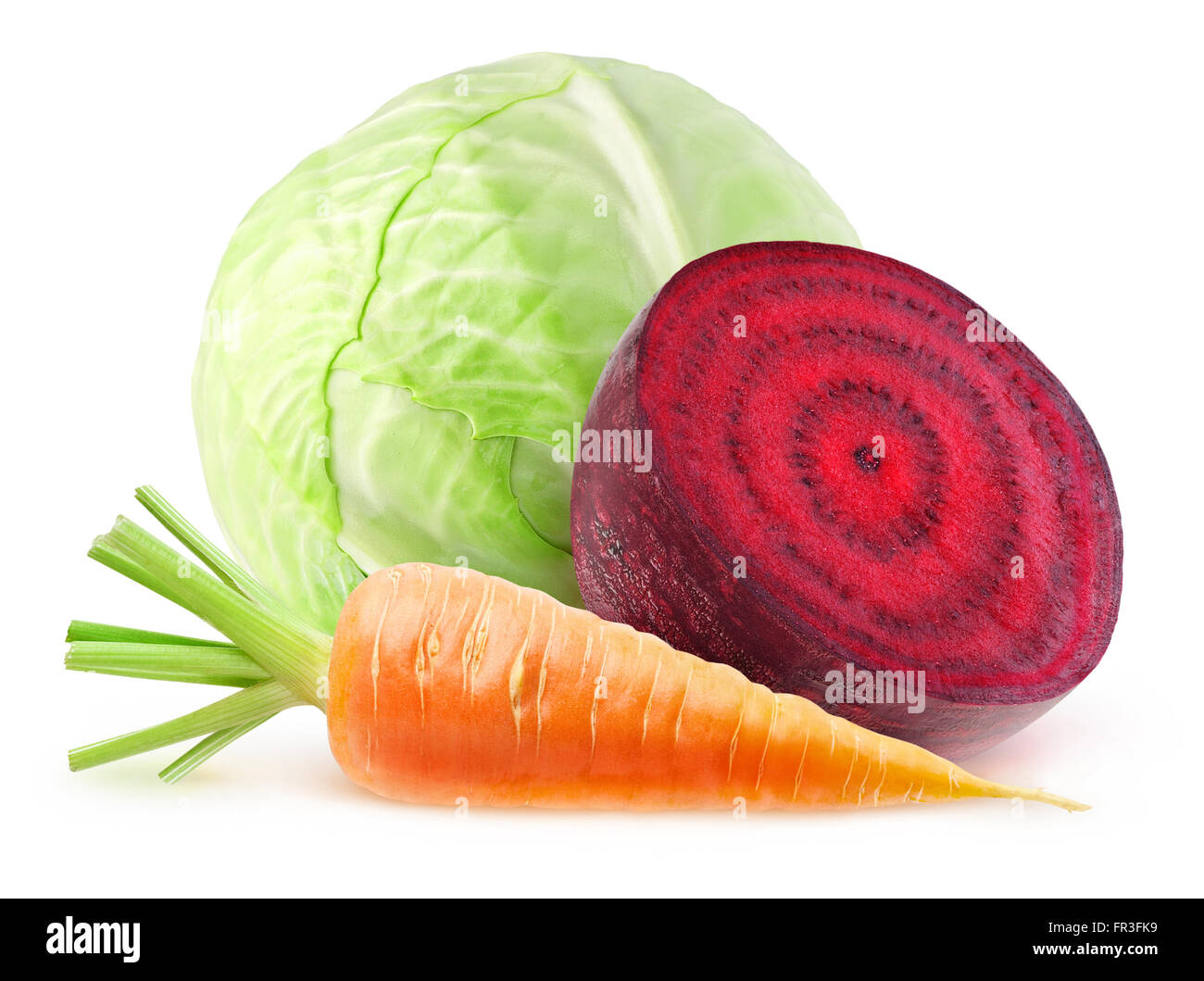 Fresh carrot, beet and cabbage isolated on white with clipping path Stock Photo