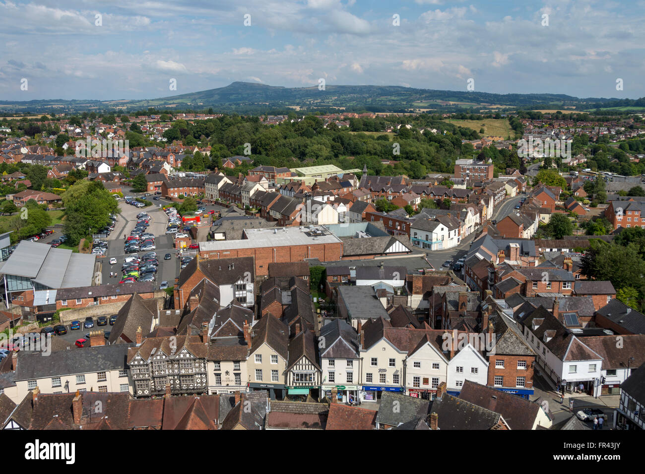 Titterstone Clee Hill and the town of Ludlow from the tower of the Parish Church of St. Laurence, Ludlow, Shropshire, England UK Stock Photo