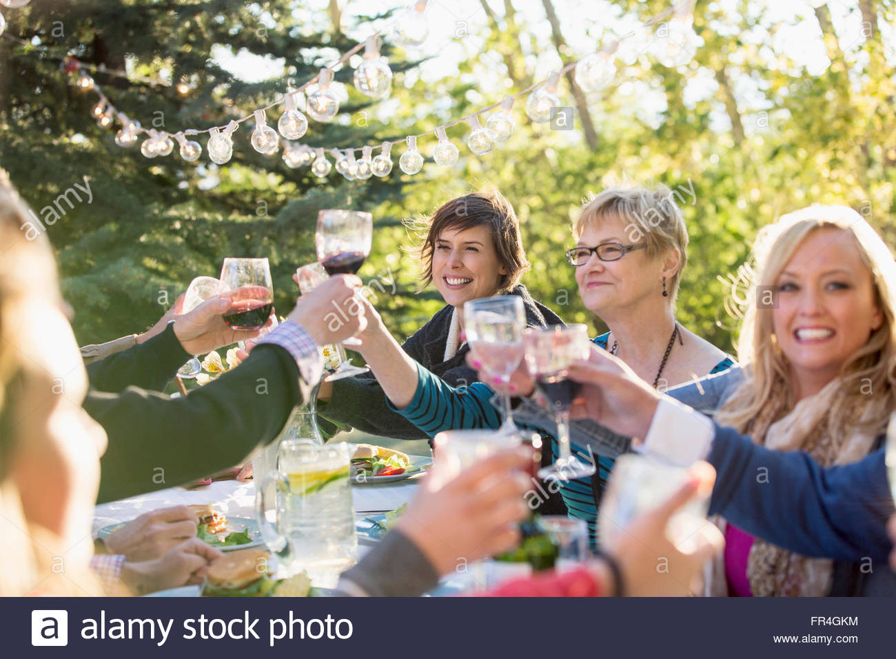 Family making a toast with wine at an outdoor dinner Stock Photo Alamy