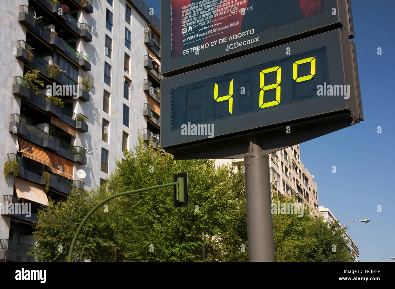 Urban thermometer, Extreme temperature, Digital scoreboard, Seville, Region of Andalusia, Spain, Europe Stock Photo