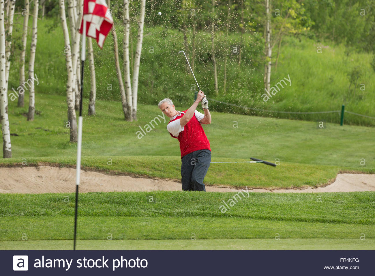 golfer hitting the golf ball out of a sand trap Stock Photo Alamy