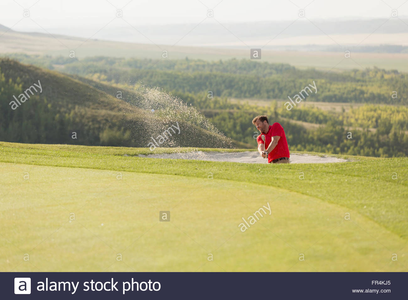 golfer hitting golf ball out of sand trap Stock Photo Alamy
