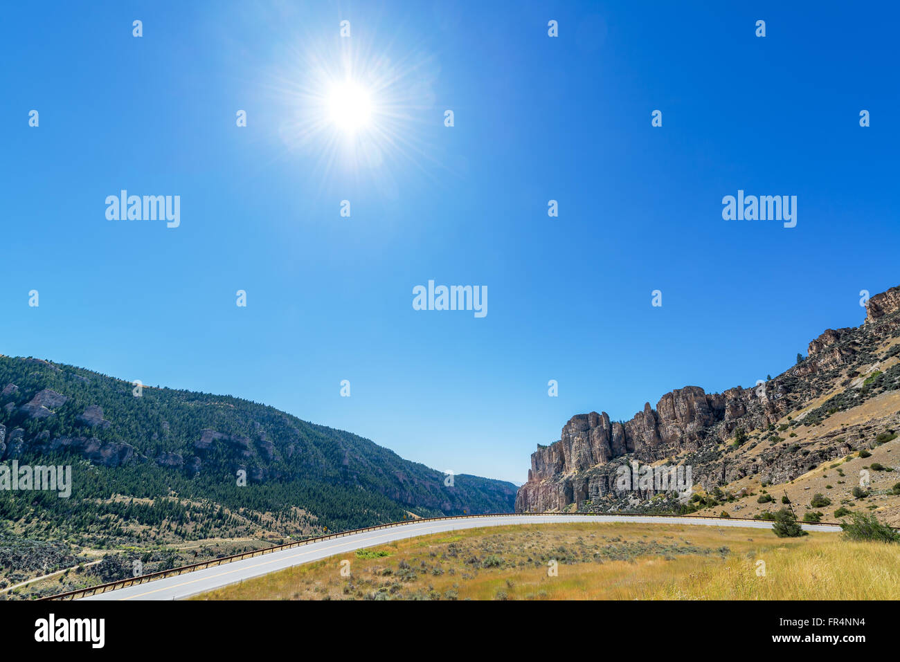 Highway winding through Ten Sleep Canyon in the Bighorn Mountains in