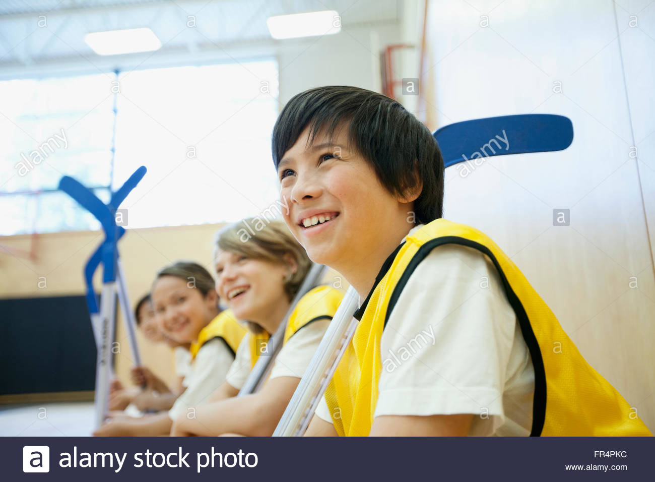 floor hockey players on the sideline Stock Photo Alamy