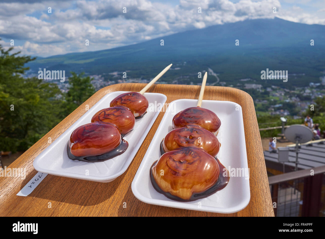 Tanuki dumplings and Mount Fuji, in Kawaguchi-Ko, Japan Stock Photo