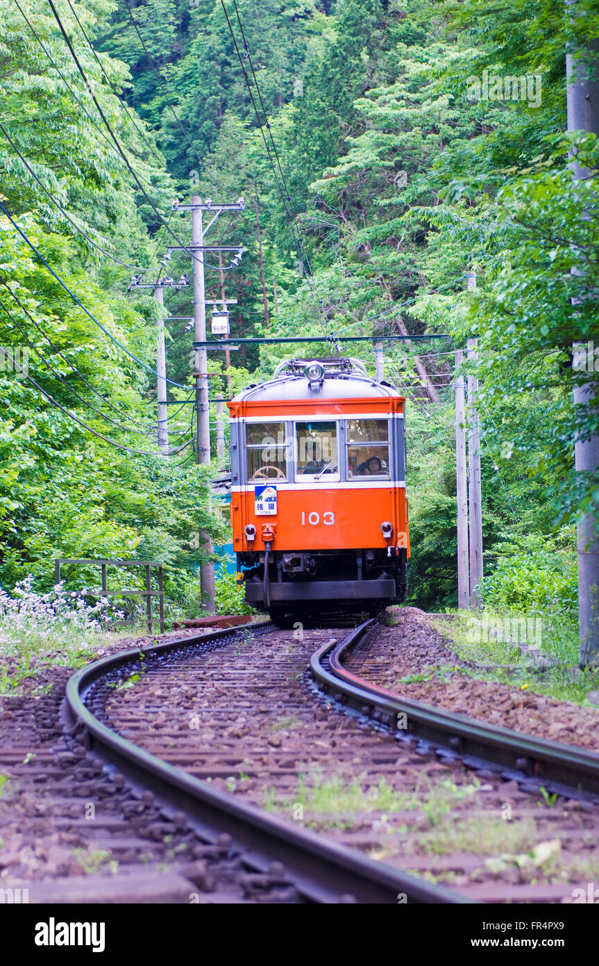 The Hakone Tozan Line train going through the forest towards Kowakidani Station and Ashinoko Lake in Hakone Shizuoka Japan Stock Photo