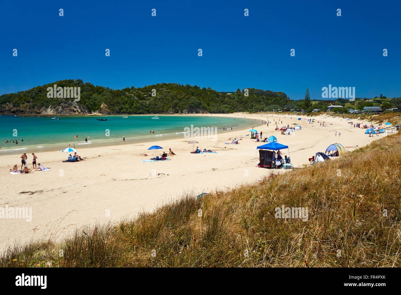 People sunbathing on a typical New Zealand beach Stock Photo