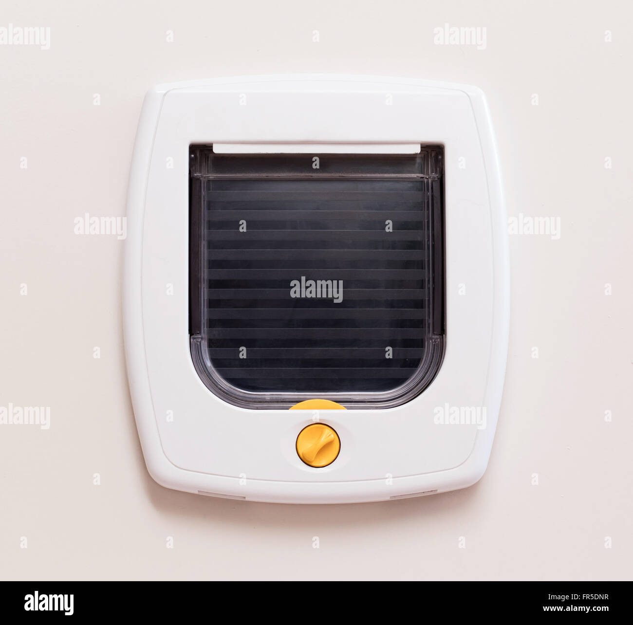 Inside view of a regular white cat flap on a light door, flap closed