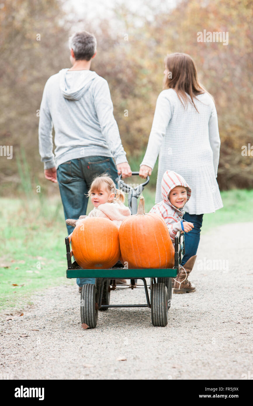 Parents pulling toddler children and pumpkins riding in wagon Stock Photo