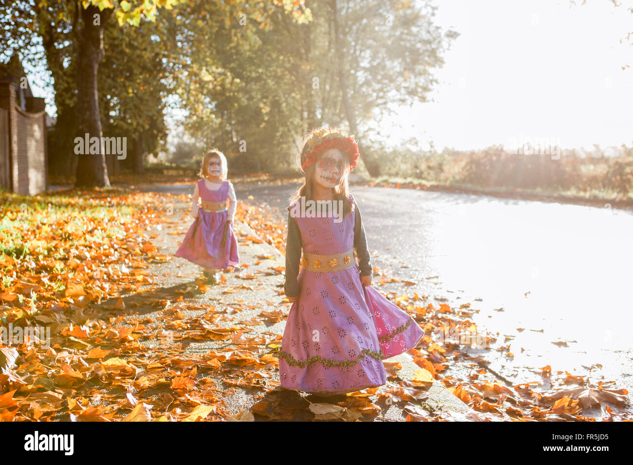 Toddler girls in Halloween costumes walking in autumn leaves Stock Photo