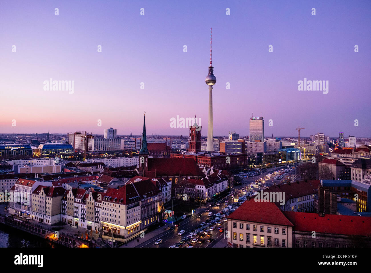View of the Spree river, Berlin Cathedral, Nikolaiviertel district with St. Nicholas Church, television tower at Alexanderplatz, Red Town Hall and Park Inn Hotel in Berlin, Germany 16.03.2016. Photo: picture alliance / Robert Schlesinger Stock Photo