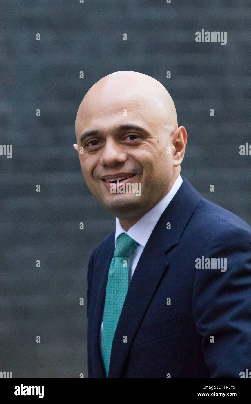 Downing Street, London, March 21st 2016. State for Business Secretary Sajid Javid outside 10 Downing Street in London as Prime Minister David Cameron attempts to restore order following the resignation on 18 March of Iain Duncan-Smith. Stock Photo
