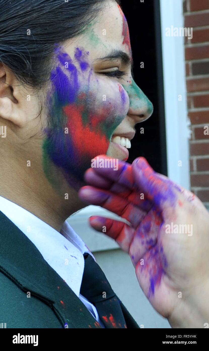 Patiala, India. 18th Mar, 2016. A Student after her last exam playing Holi with Gulal ahead of Holi Festival at Village Reeth Kheri Sirhind road in India. © Rajesh Sachar/Pacific Press/Alamy Live News Stock Photo