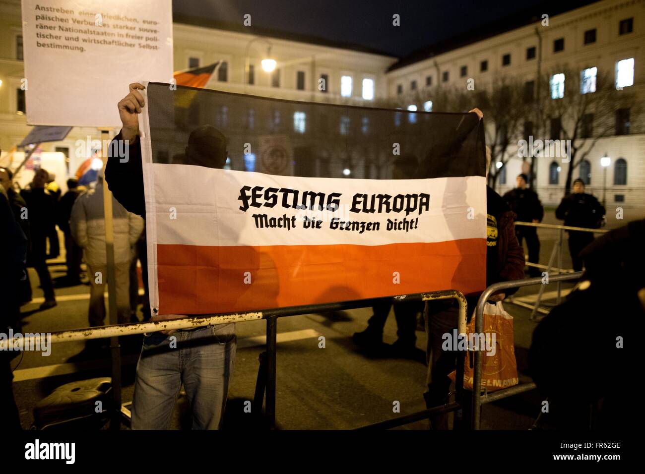 March 21, 2016 - On March 21st PEGIDA Munich invited author JÃ¼rgen ElsÃ¤sser. ElsÃ¤sser did not show up due to sickness. 300 participated in the far right demonstration. Several antifacist groups mobilized against the march. Activists formed a roadblock and forced PEGIDA to turn around. Amongst the participants of PEGIDA were members of the neo-nazi party 'Der III. Weg' carrying a own tranpsarent. © Michael Trammer/ZUMA Wire/Alamy Live News Stock Photo