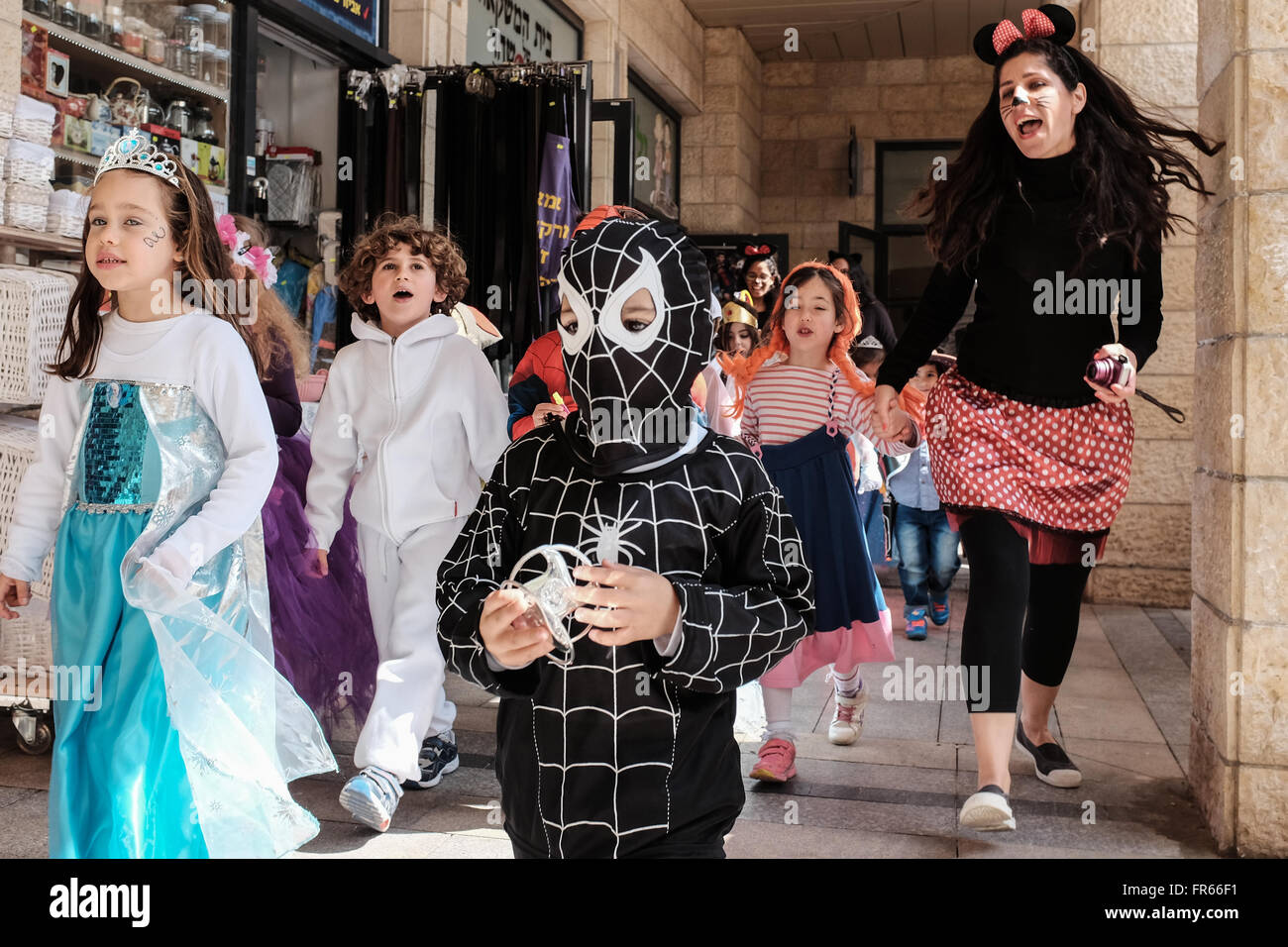 Jerusalem, Israel. 22nd March, 2016. Children in costumes on Purim, one