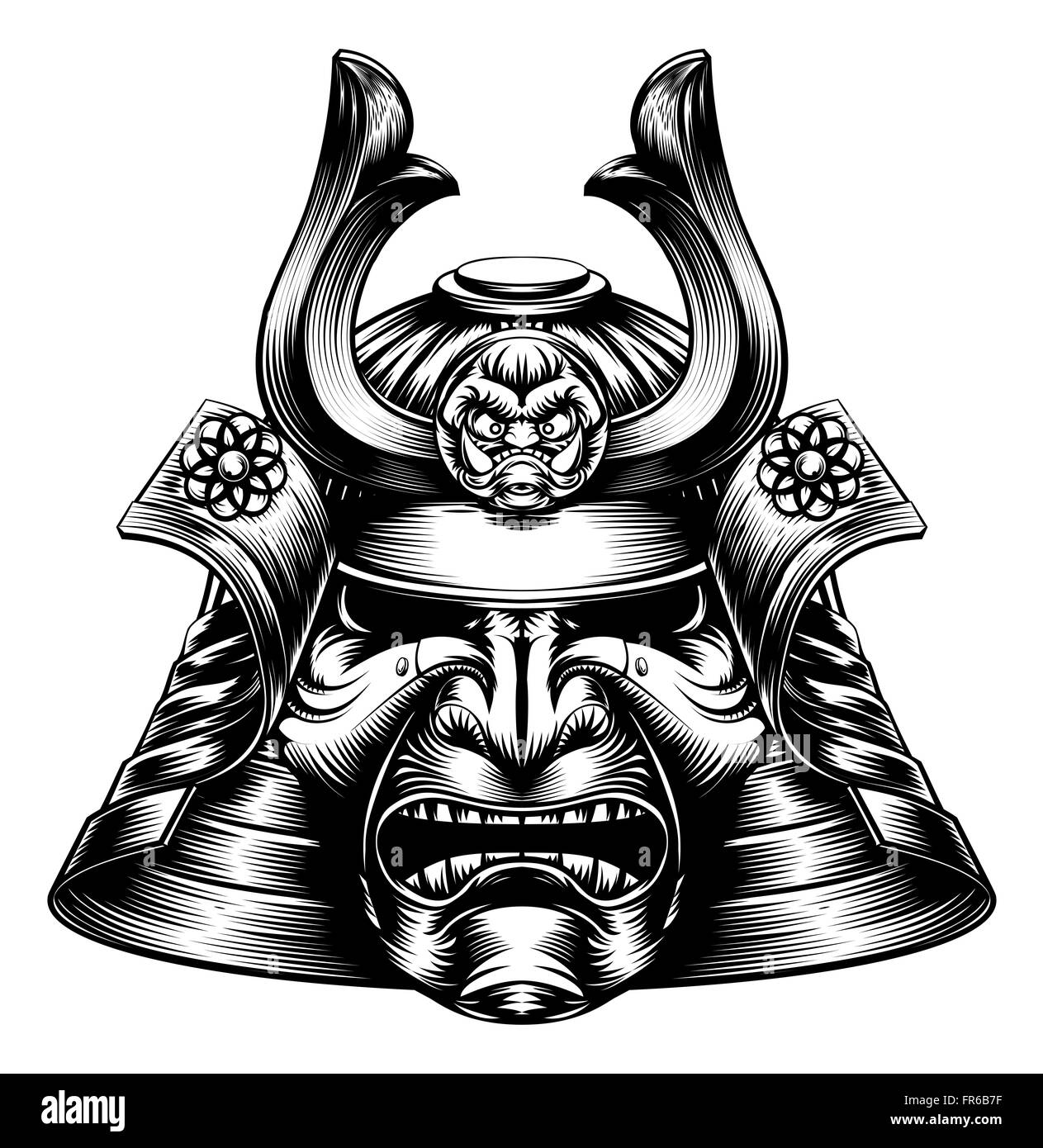 A Japanese samurai mask and helmet in a woodcut style Stock Photo - Alamy